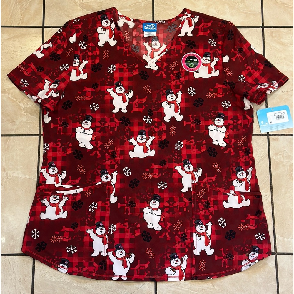 NWT Small Frosty The Snowman V-Neck Scrub Top, Performance Stretch & Ultra Soft